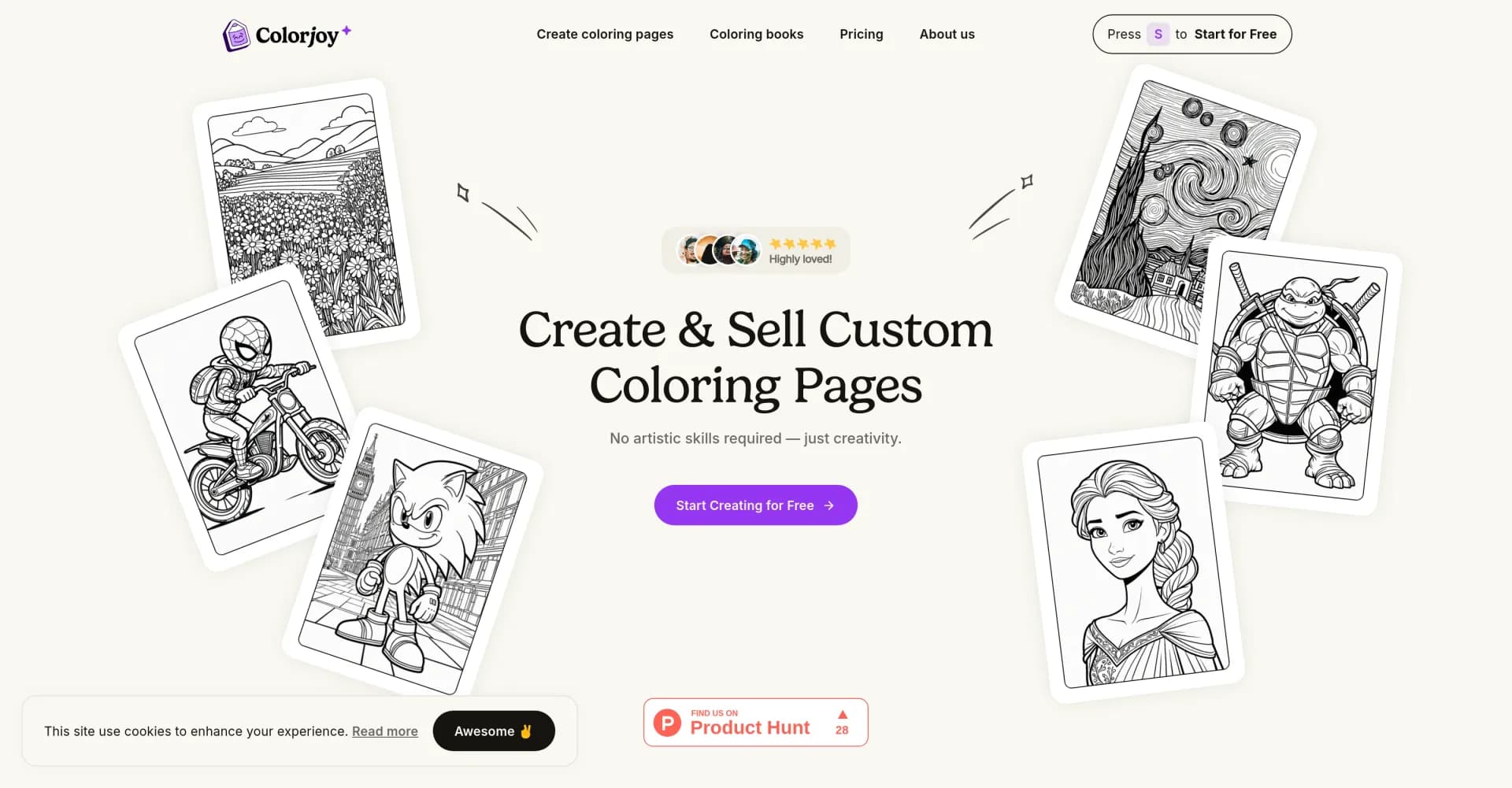 Colorjoy homepage screenshot — Create and sell custom coloring pages instantly.