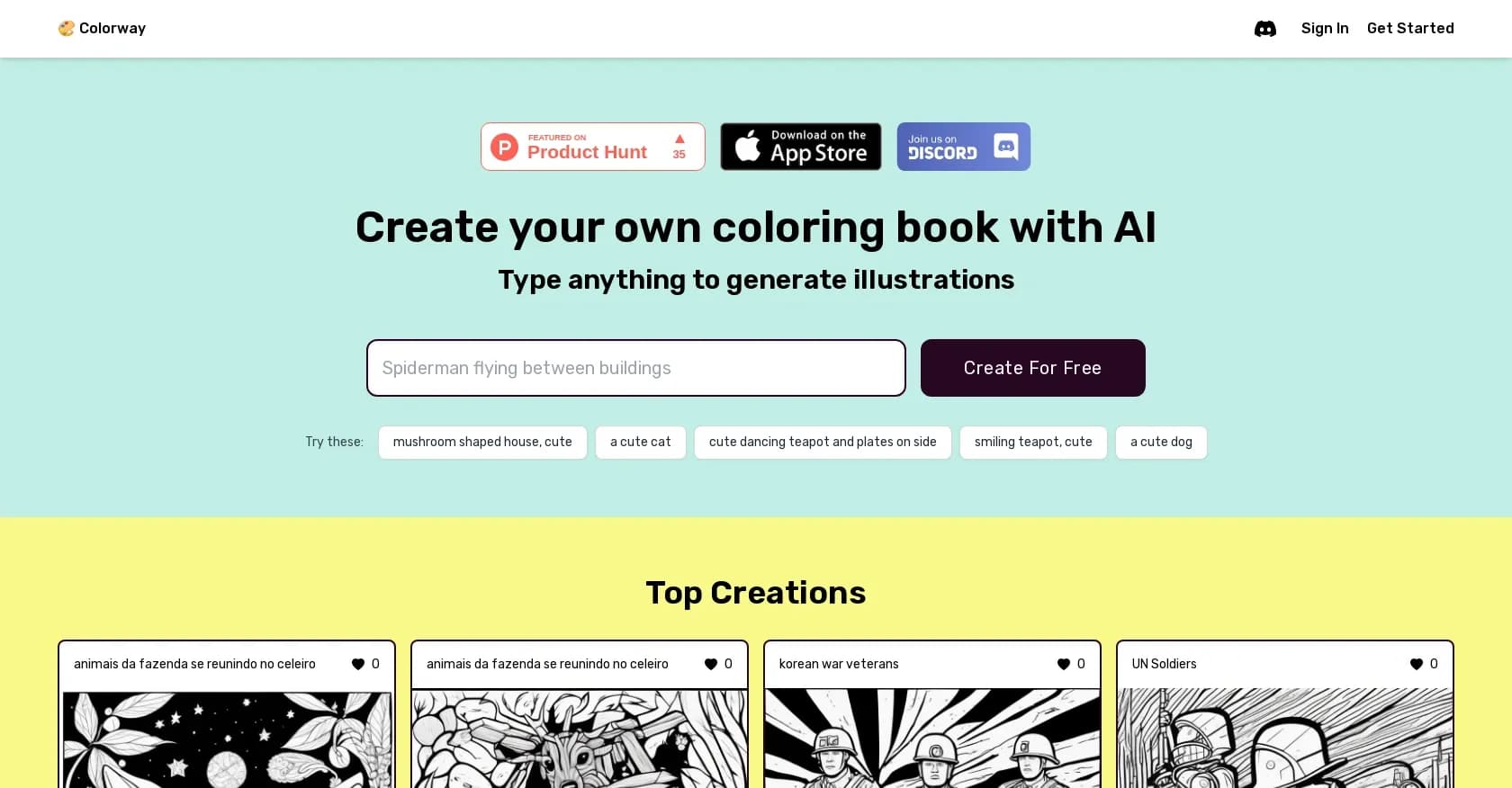 Colorway homepage screenshot — Turn text prompts into unique coloring book images.