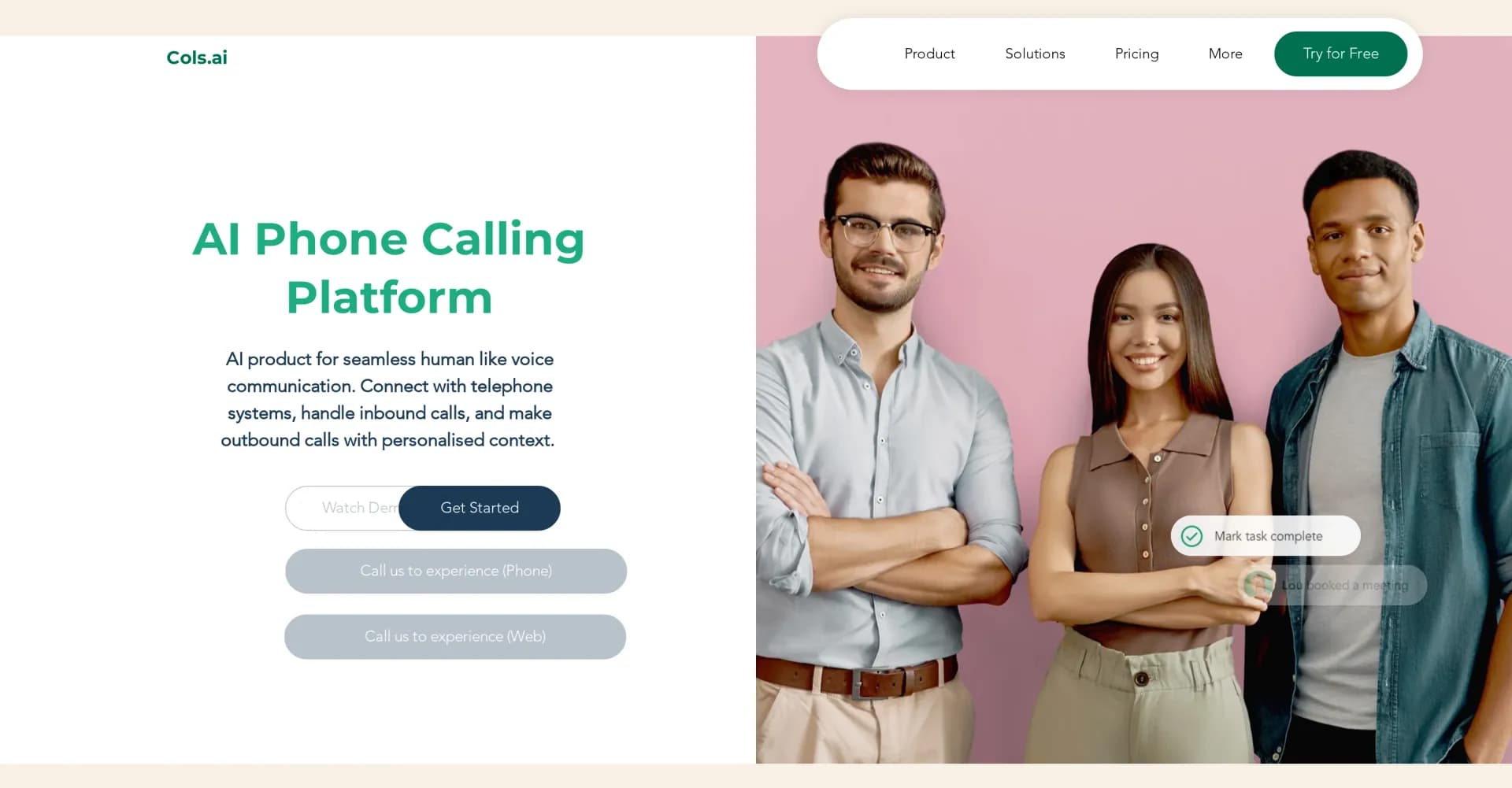 Cols AI homepage screenshot — AI voice calls that sound human