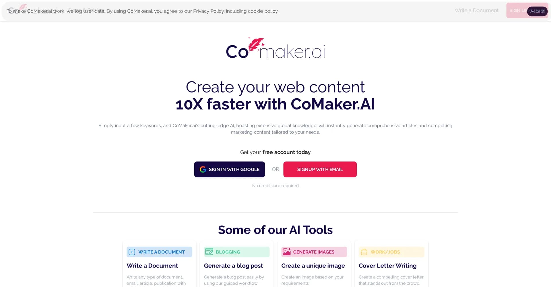 Comaker homepage screenshot — AI-powered content creation partner for entrepreneurs.