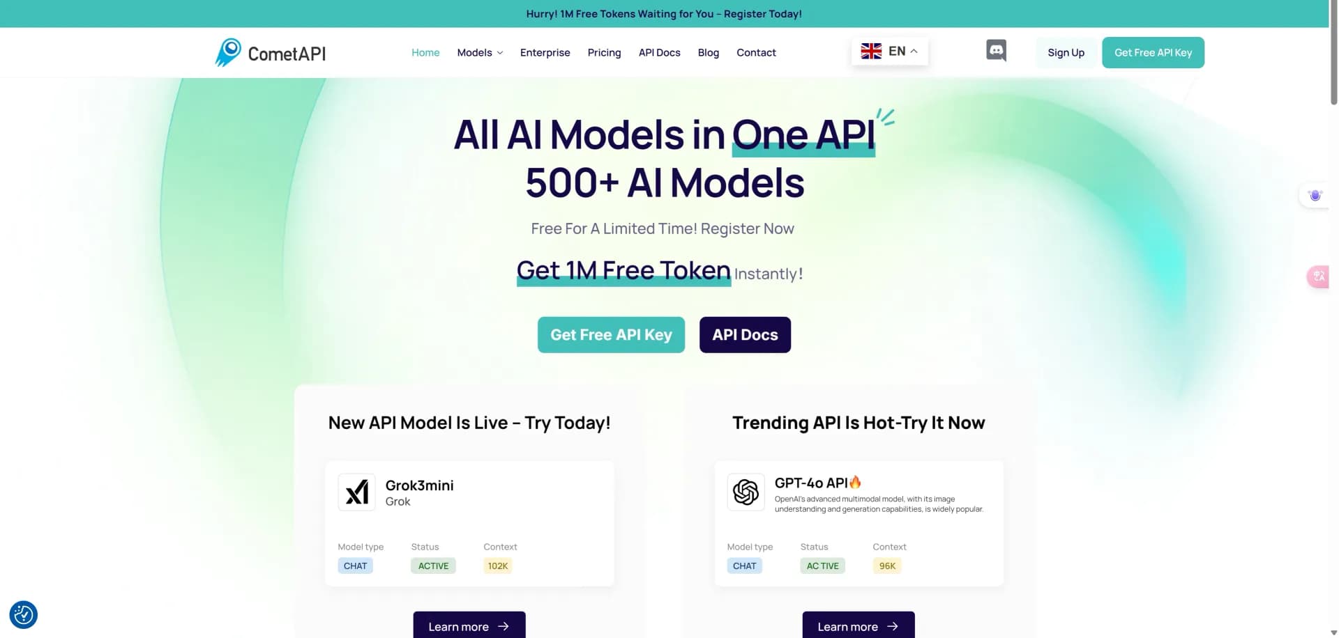 CometAPI homepage screenshot — One API, 500+ AI models at your fingertips.