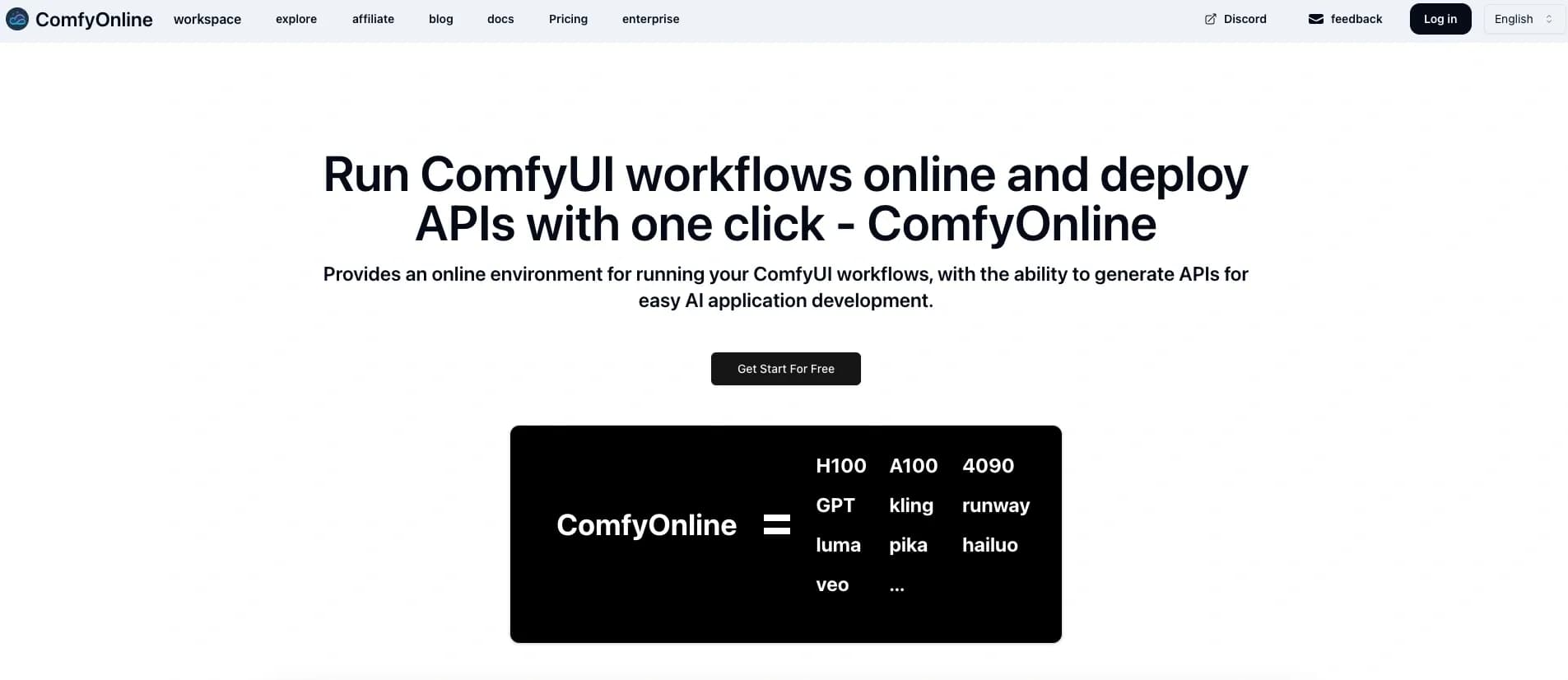 ComfyOnline homepage screenshot — Run ComfyUI workflows online, instantly deploy APIs