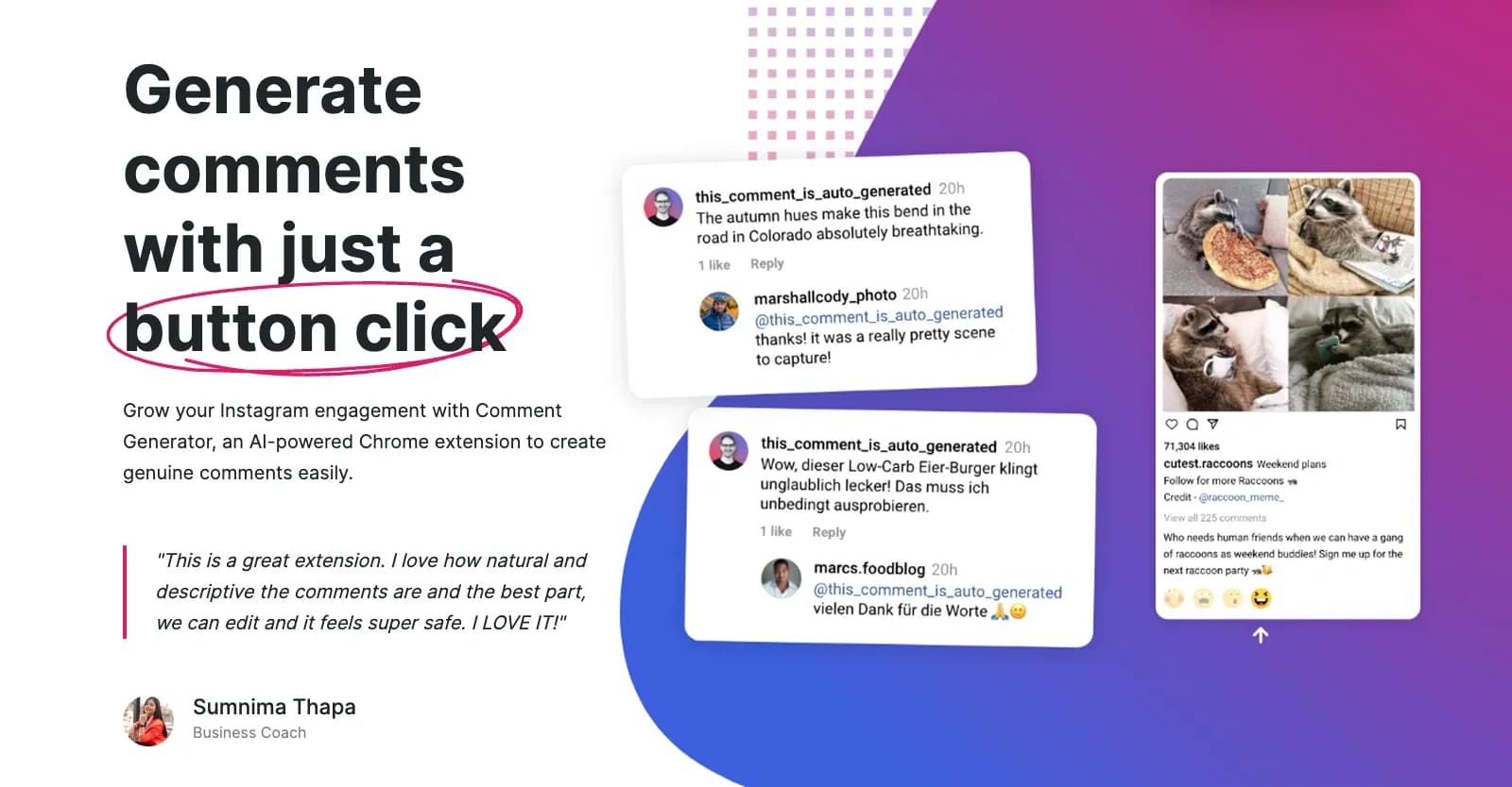 Comment Generator homepage screenshot — Generate customized Instagram comments.