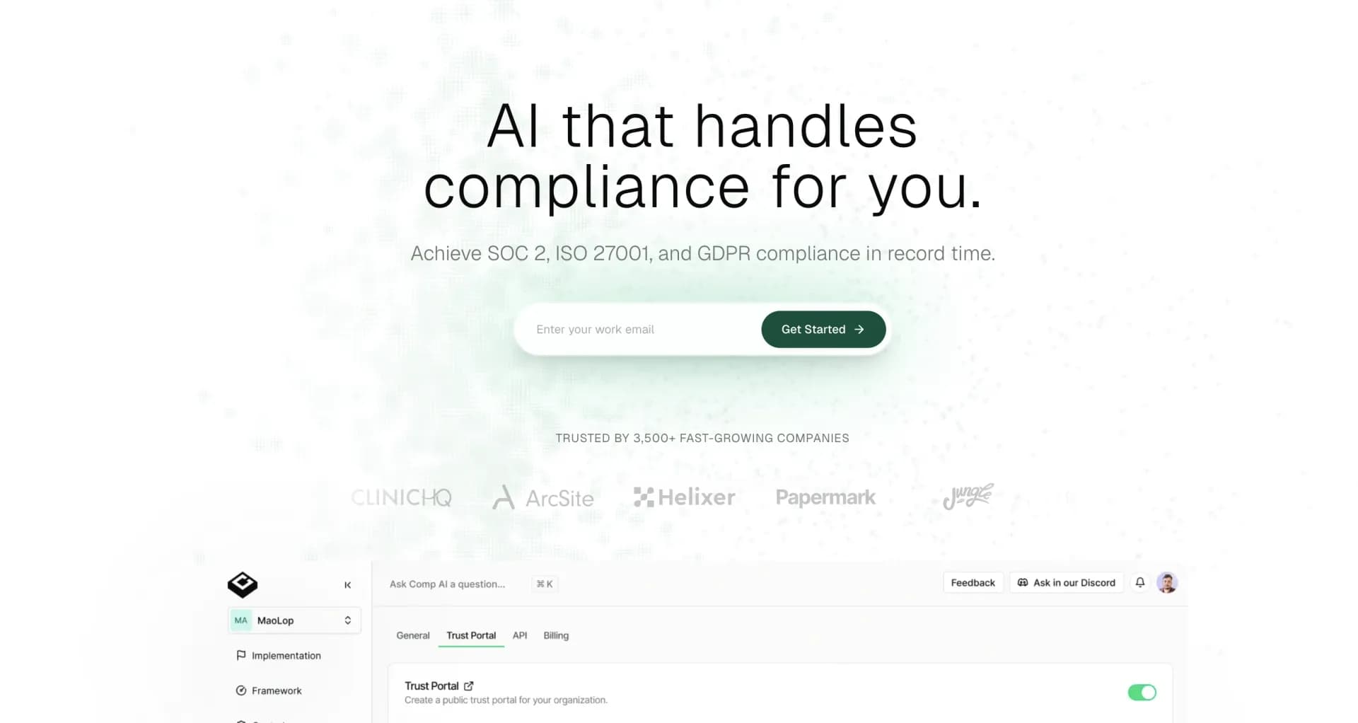 Comp AIv1.2 homepage screenshot — Automate compliance for SOC 2, ISO 27001 & GDPR in weeks.