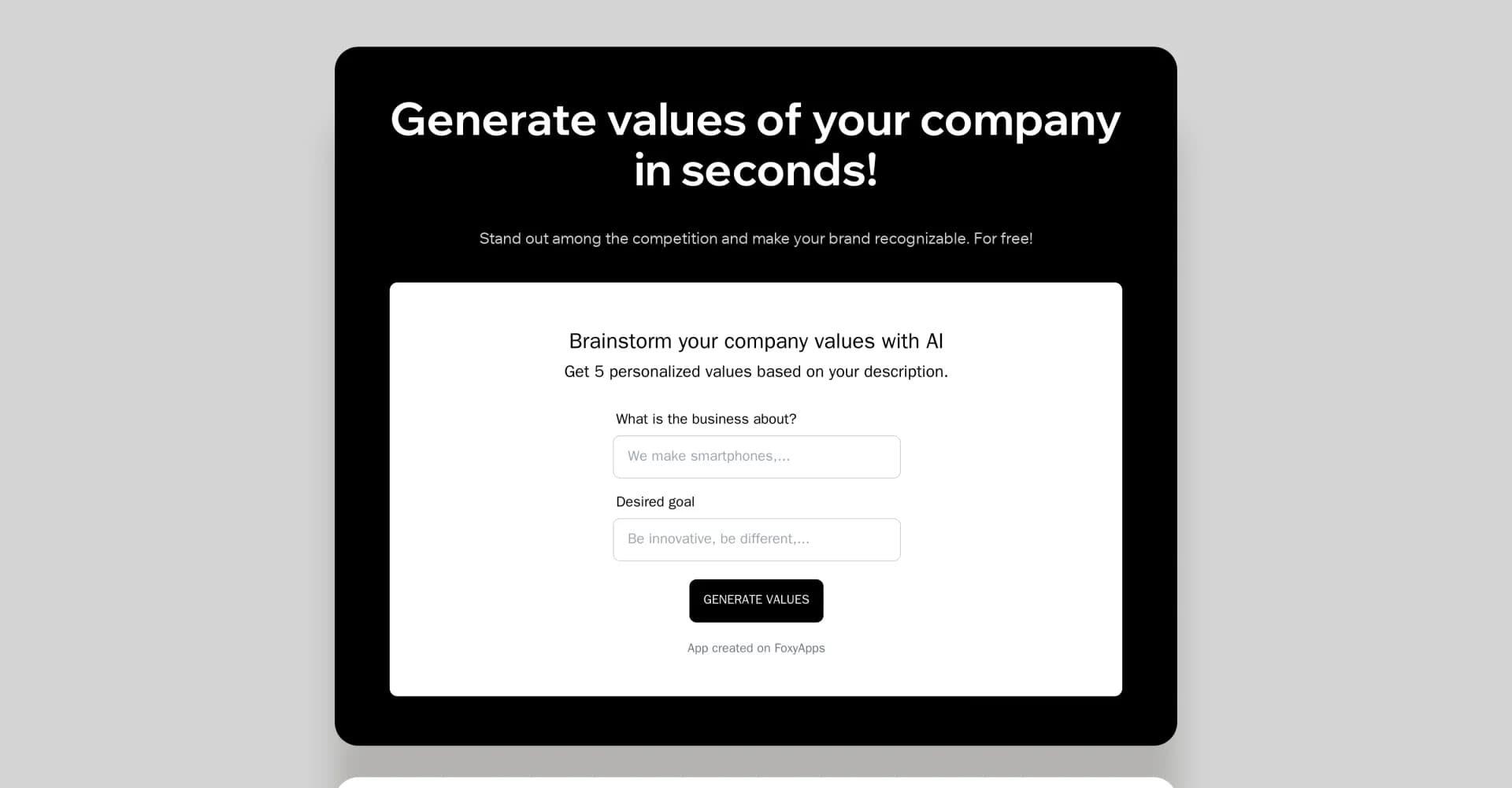 Company Values Generator homepage screenshot — Generate company values instantly. Stand out.