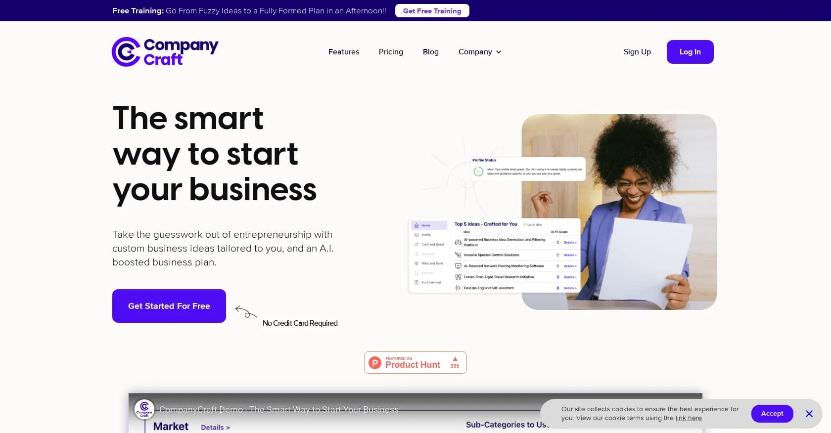 CompanyCraft homepage screenshot — AI-powered expert guidance for custom business ideas.