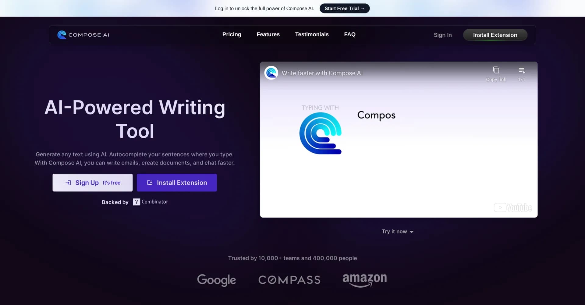 Compose AI homepage screenshot — Generate any text using AI, faster.