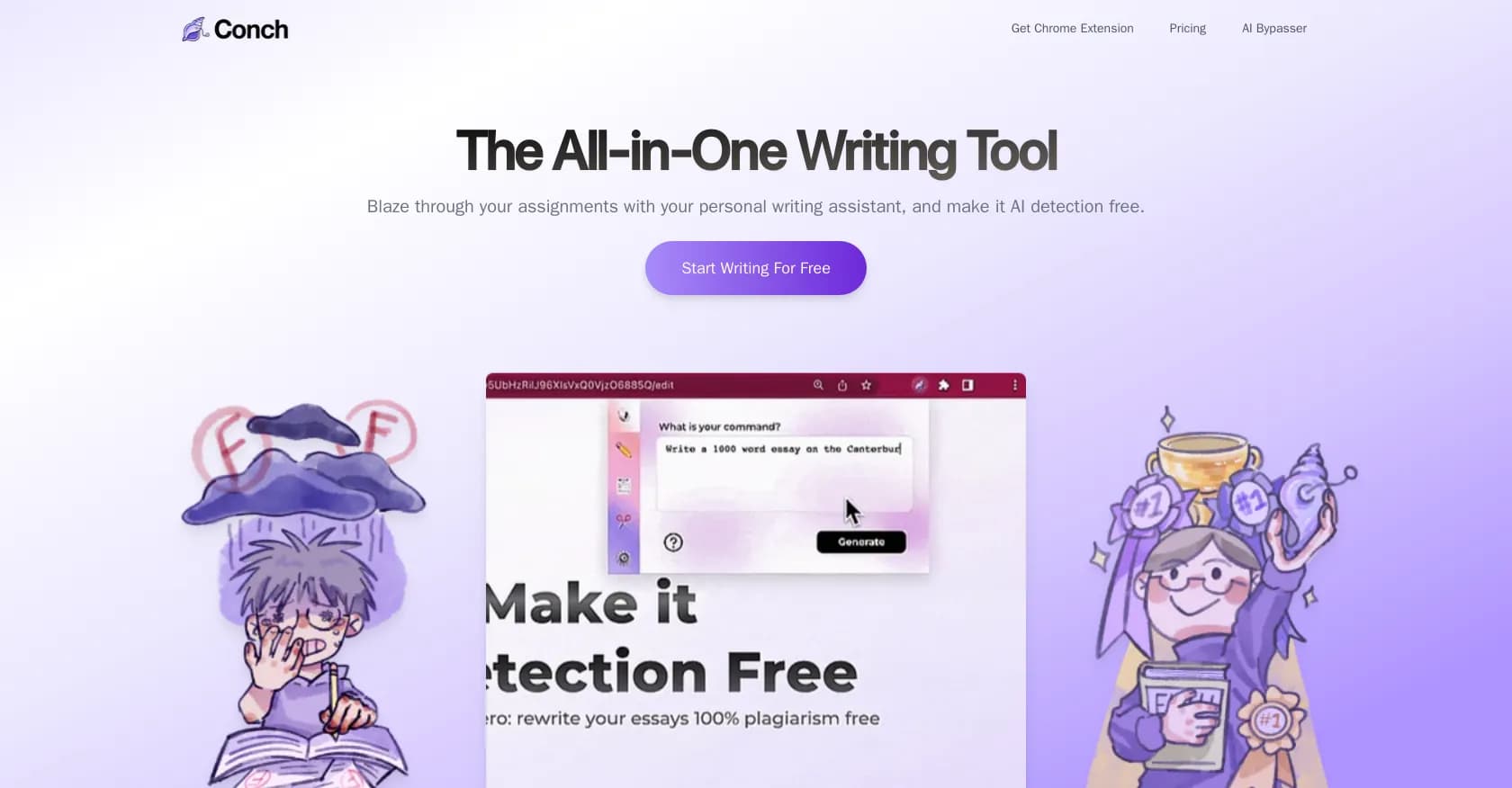 Conch homepage screenshot — Write 10x faster and bypass AI detection.