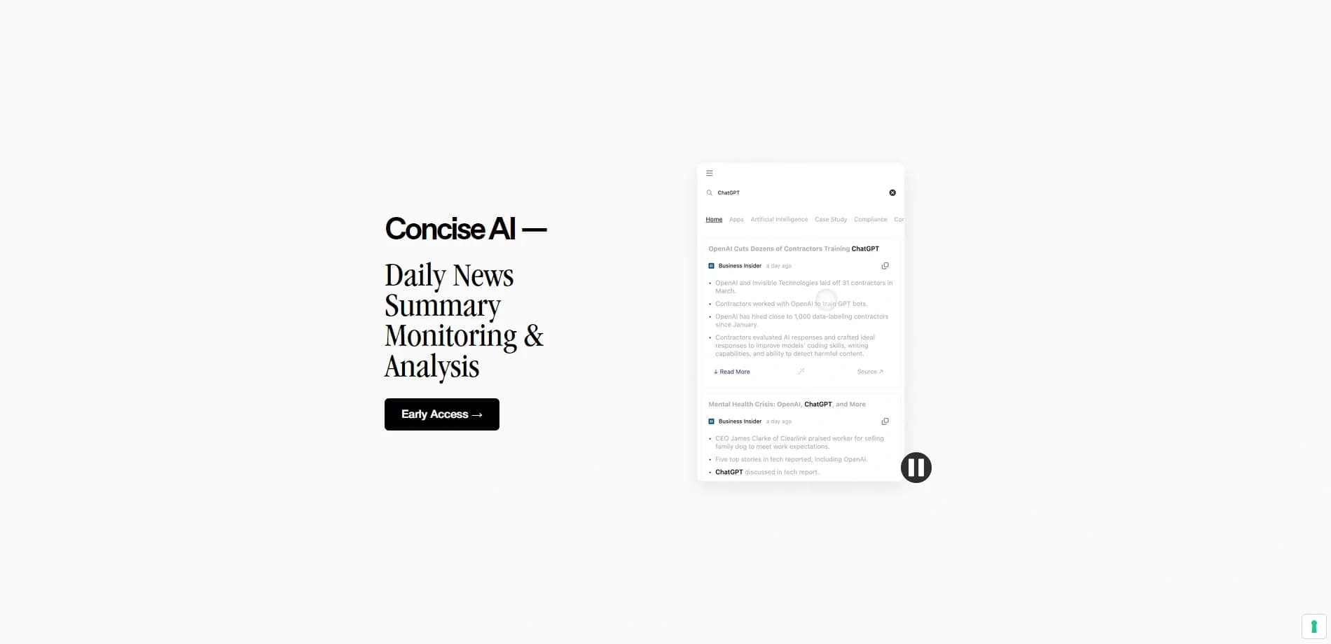 Concise homepage screenshot — AI-powered daily newsfeed summary