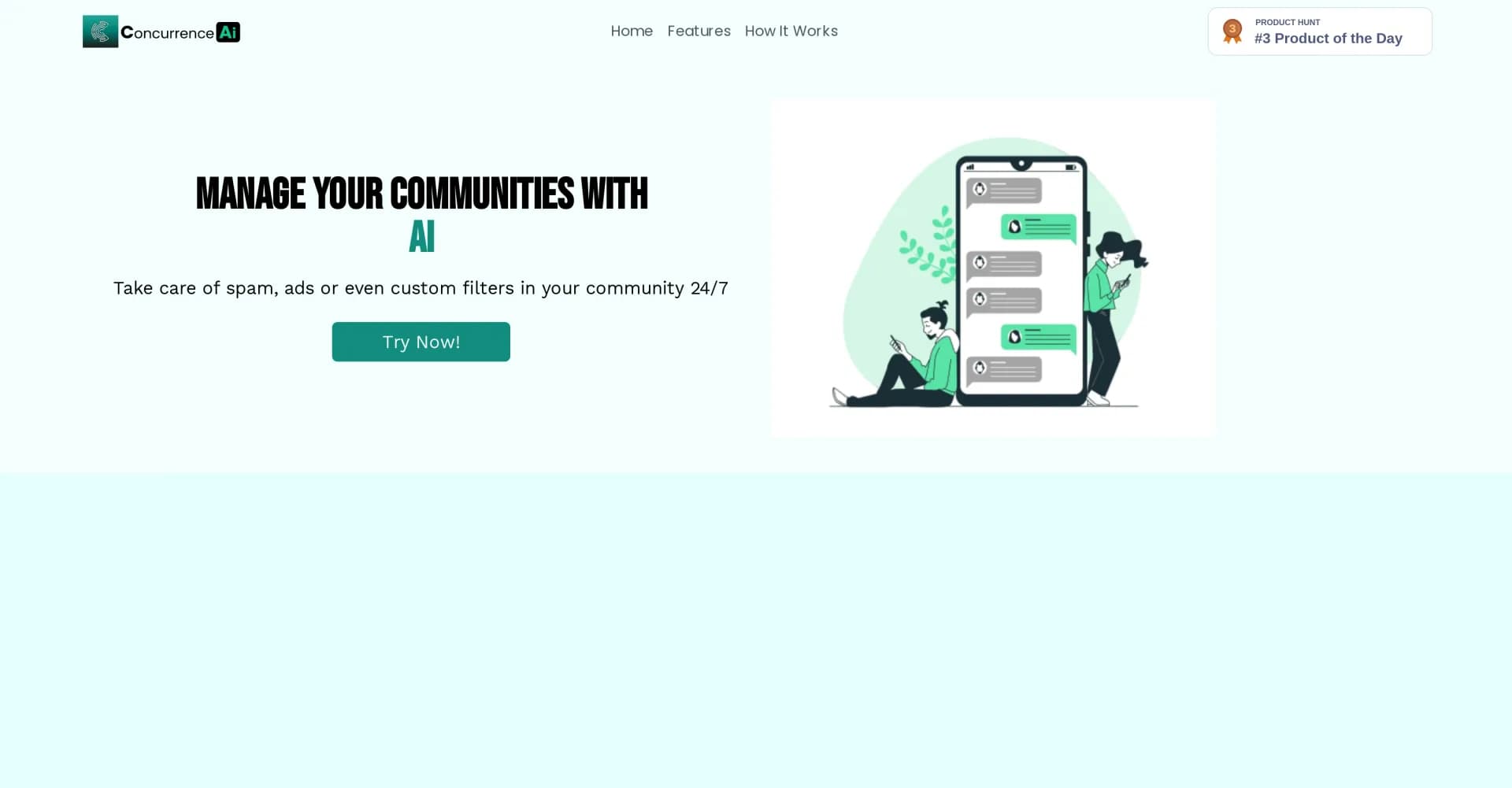 Concurrence homepage screenshot — AI community management, 24/7.