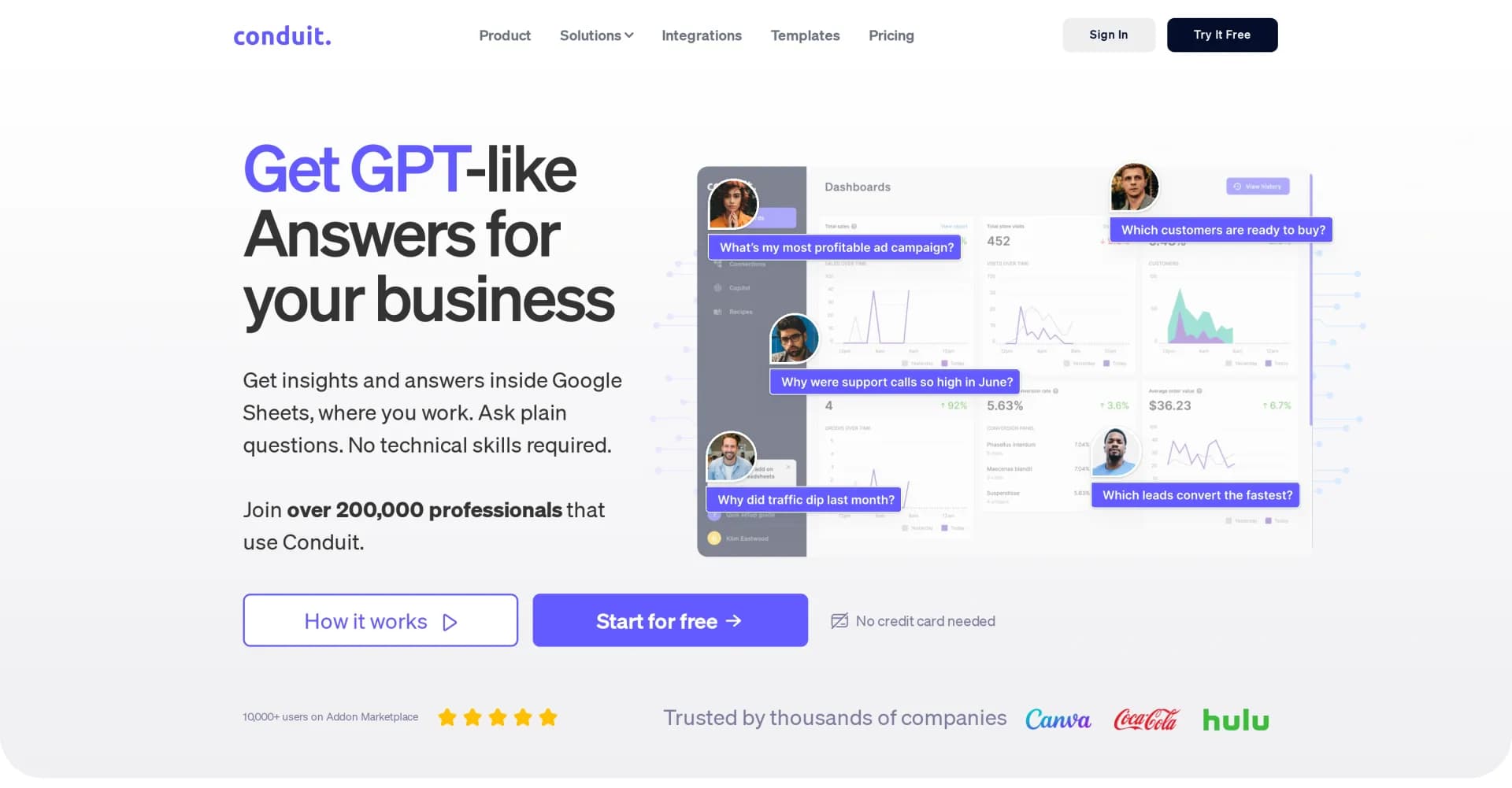 Conduit homepage screenshot — Get GPT-like answers for your business data