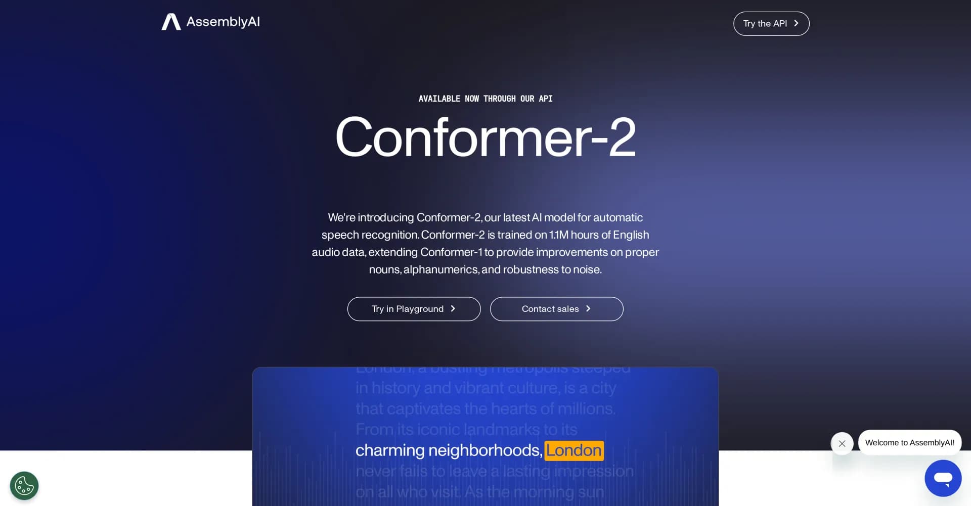 Conformer2 homepage screenshot — State-of-the-art speech recognition powered by 1.1M hours of