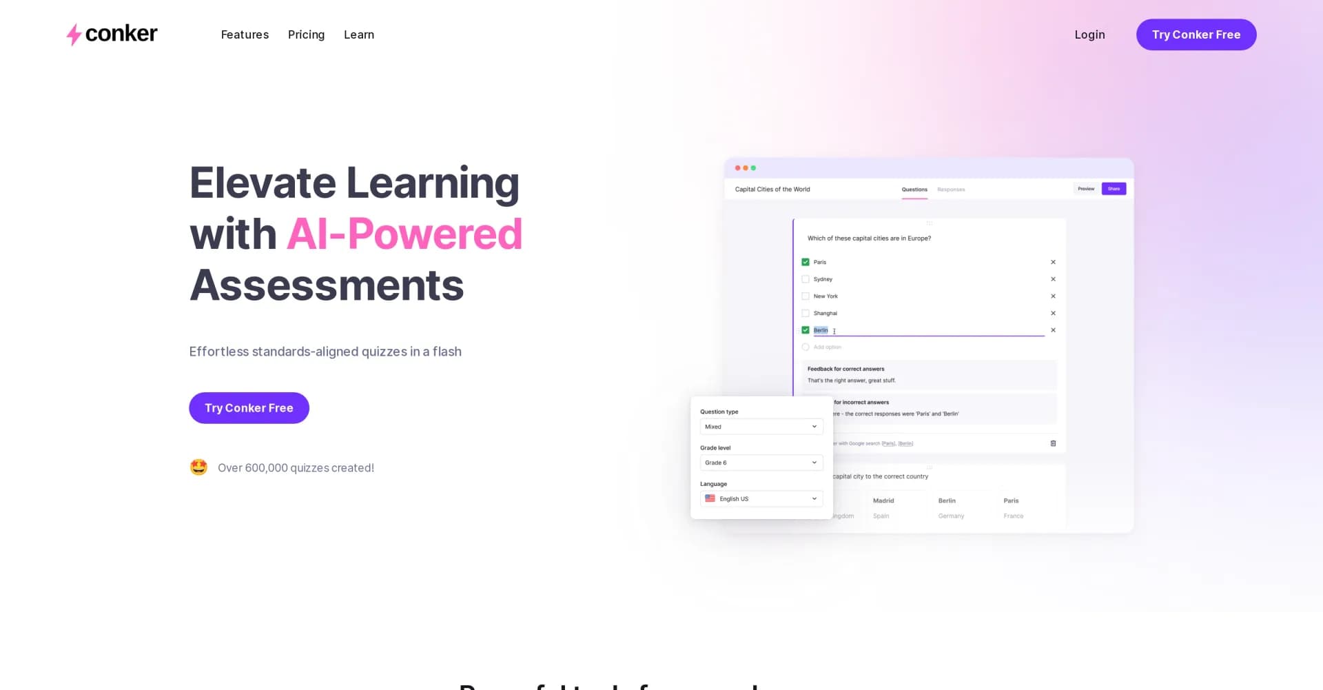 Conker homepage screenshot — Create AI-powered quizzes and assessments instantly.