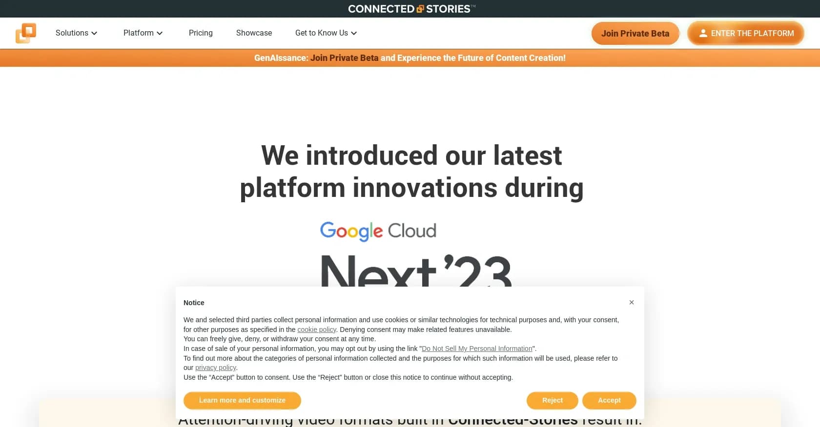 Connected-Stories homepage screenshot — AI-powered Creative Management Platform for revolutionary ad