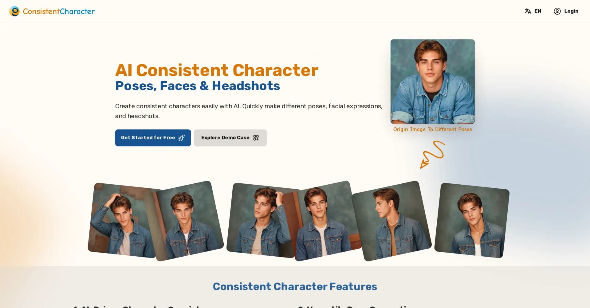 Consistent Character homepage screenshot — AI-powered consistent character creation for poses and faces