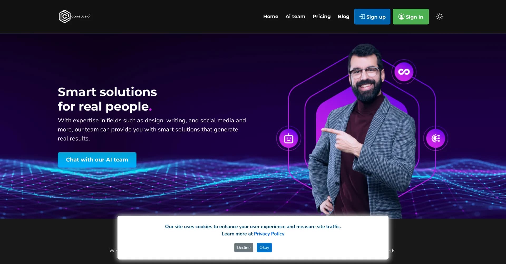 Consultio homepage screenshot — Your 24/7 AI consultants for smart solutions