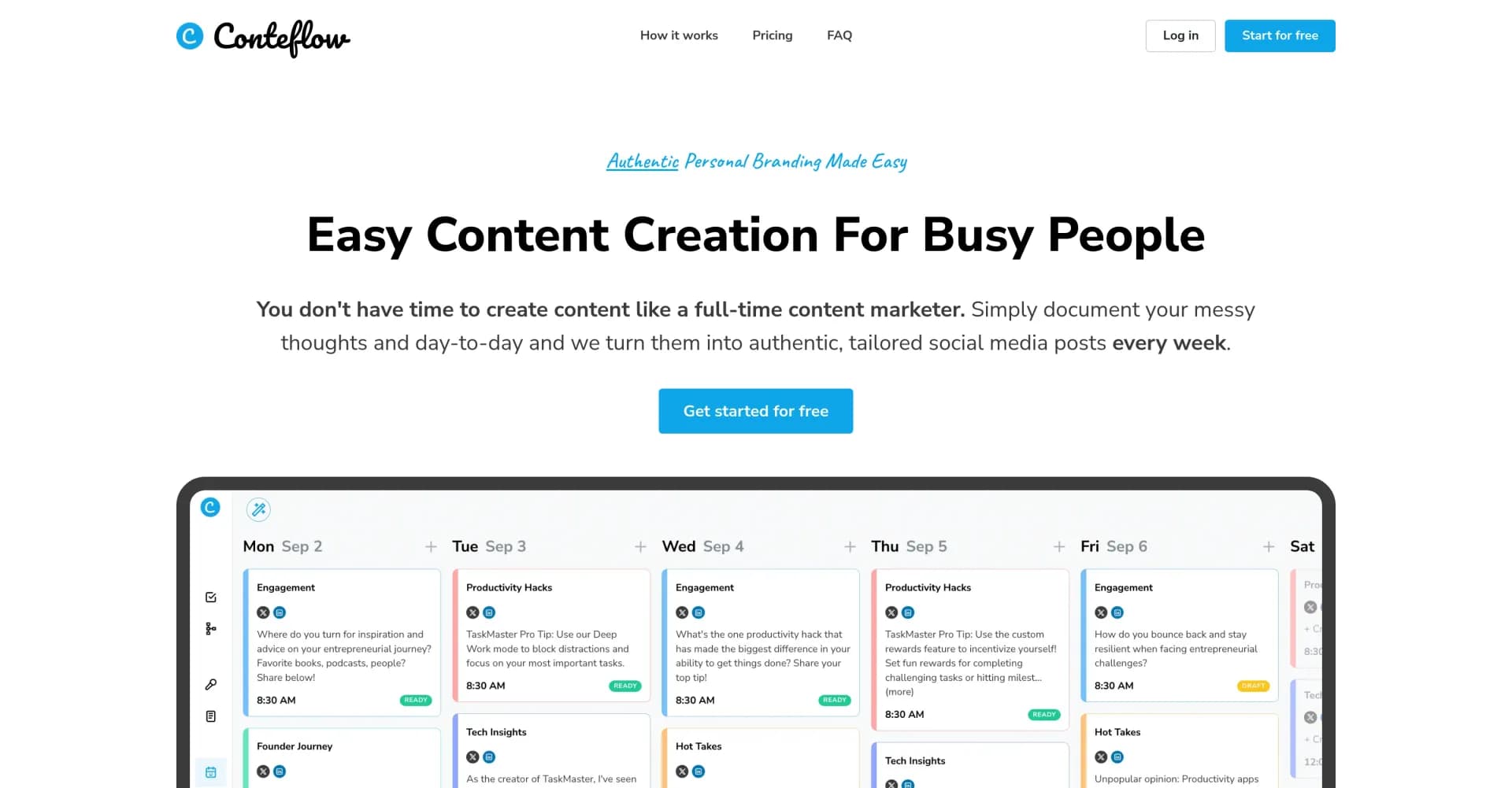 Conteflow homepage screenshot — Transform your thoughts into tailored social content.