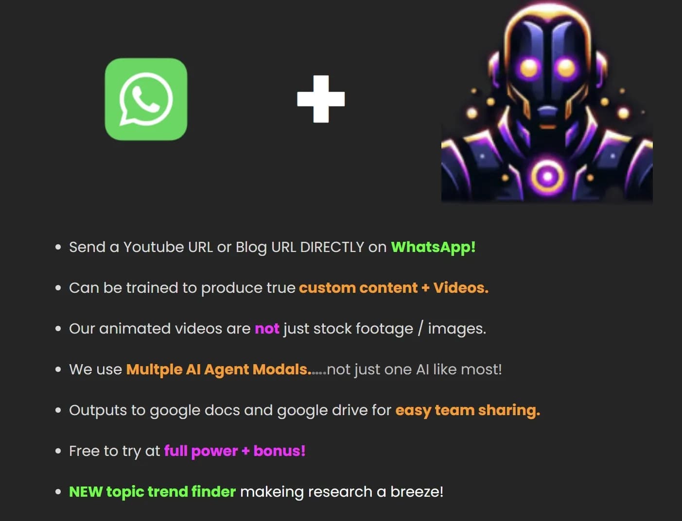 Content Alchemist AI Video Maker homepage screenshot — WhatsApp AI agent for multi-format content and video short c