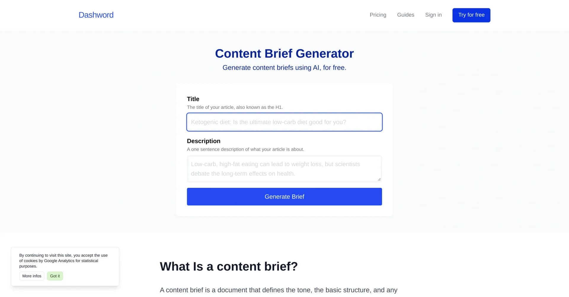 Content brief generator homepage screenshot — Generate AI-powered content briefs instantly