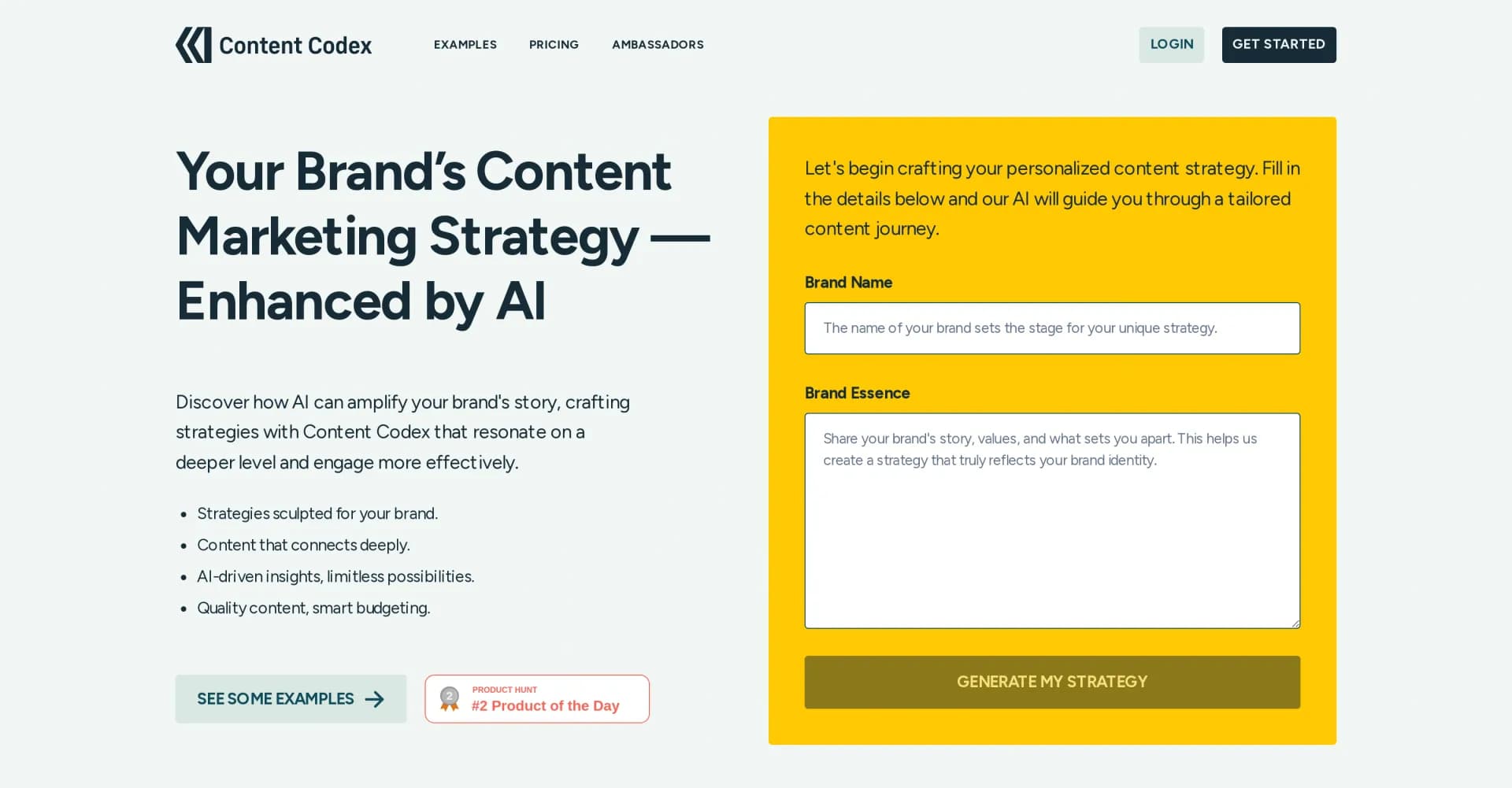 Content Codex homepage screenshot — AI-driven content strategies to elevate your brand