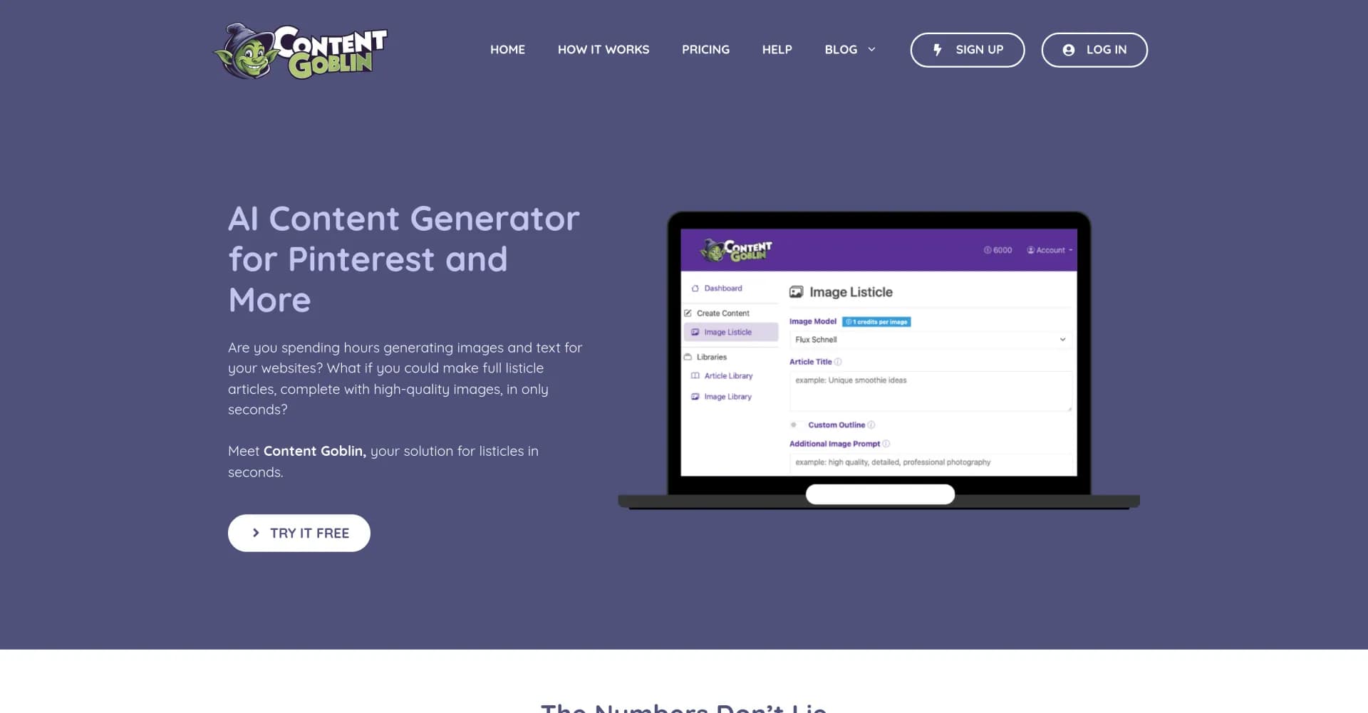 Content Goblin homepage screenshot — Create AI content in seconds