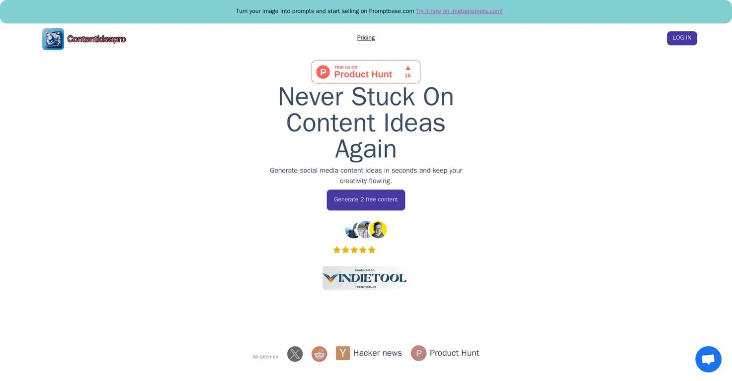 Content Idea Pro homepage screenshot — Generate captivating posts for all social platforms.