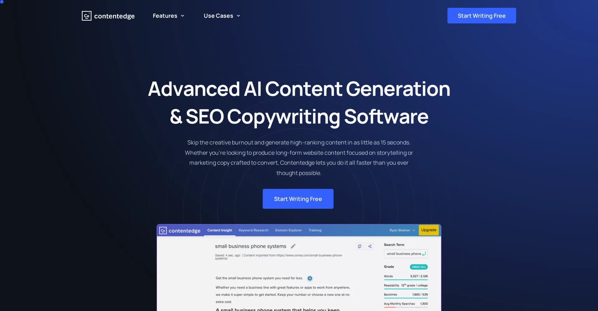 ContentEdge homepage screenshot — AI-powered copywriting that converts.
