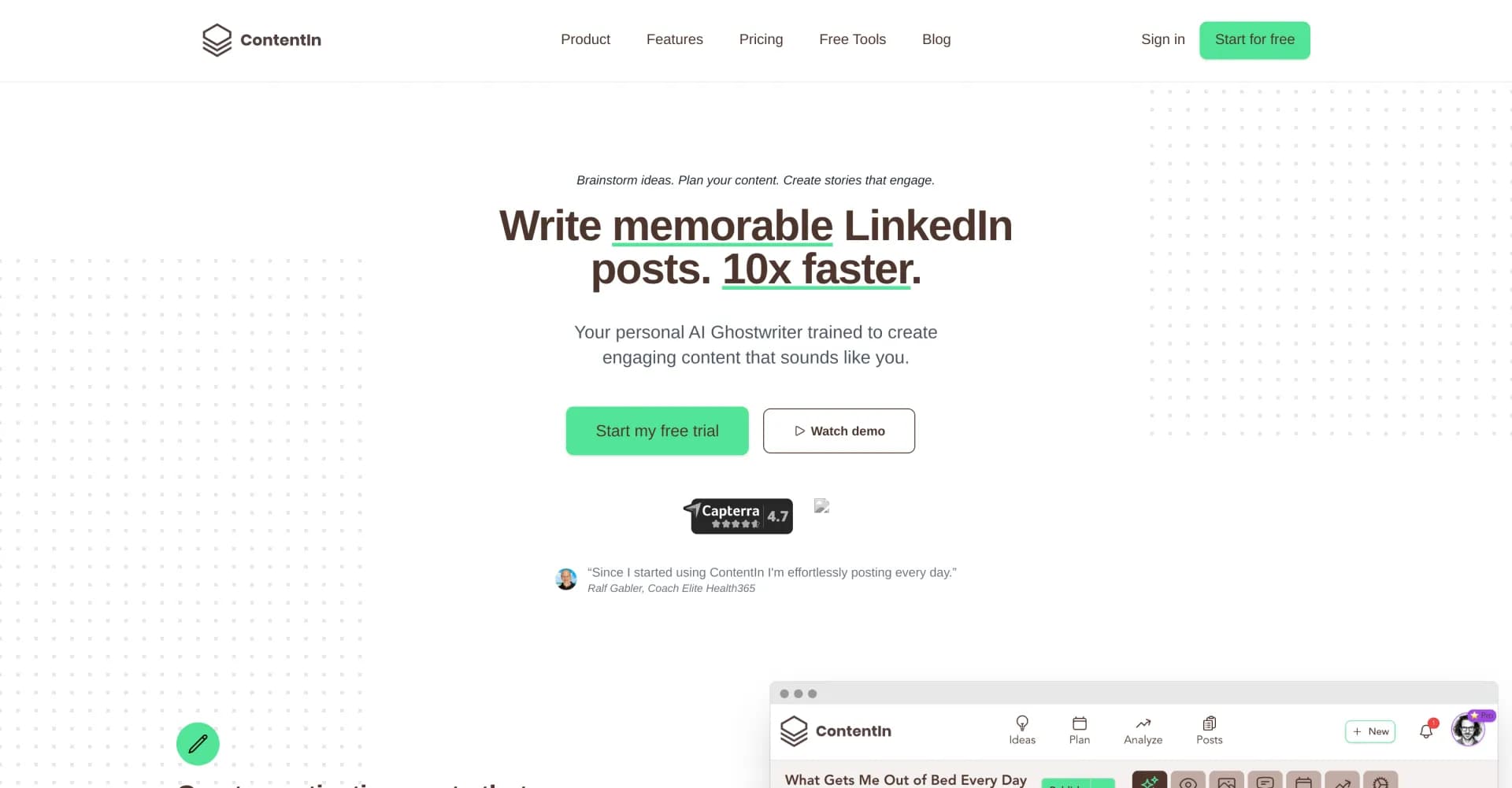 ContentIn homepage screenshot — Write memorable LinkedIn posts 10x faster.