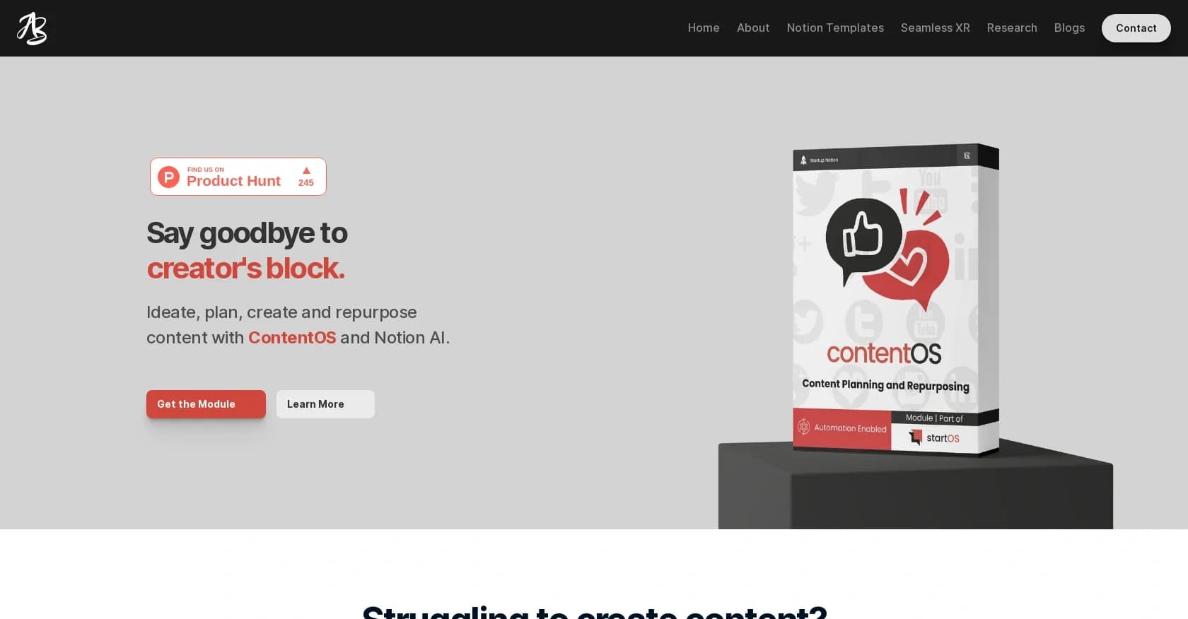 ContentOS homepage screenshot — AI-powered content creation and repurposing in Notion