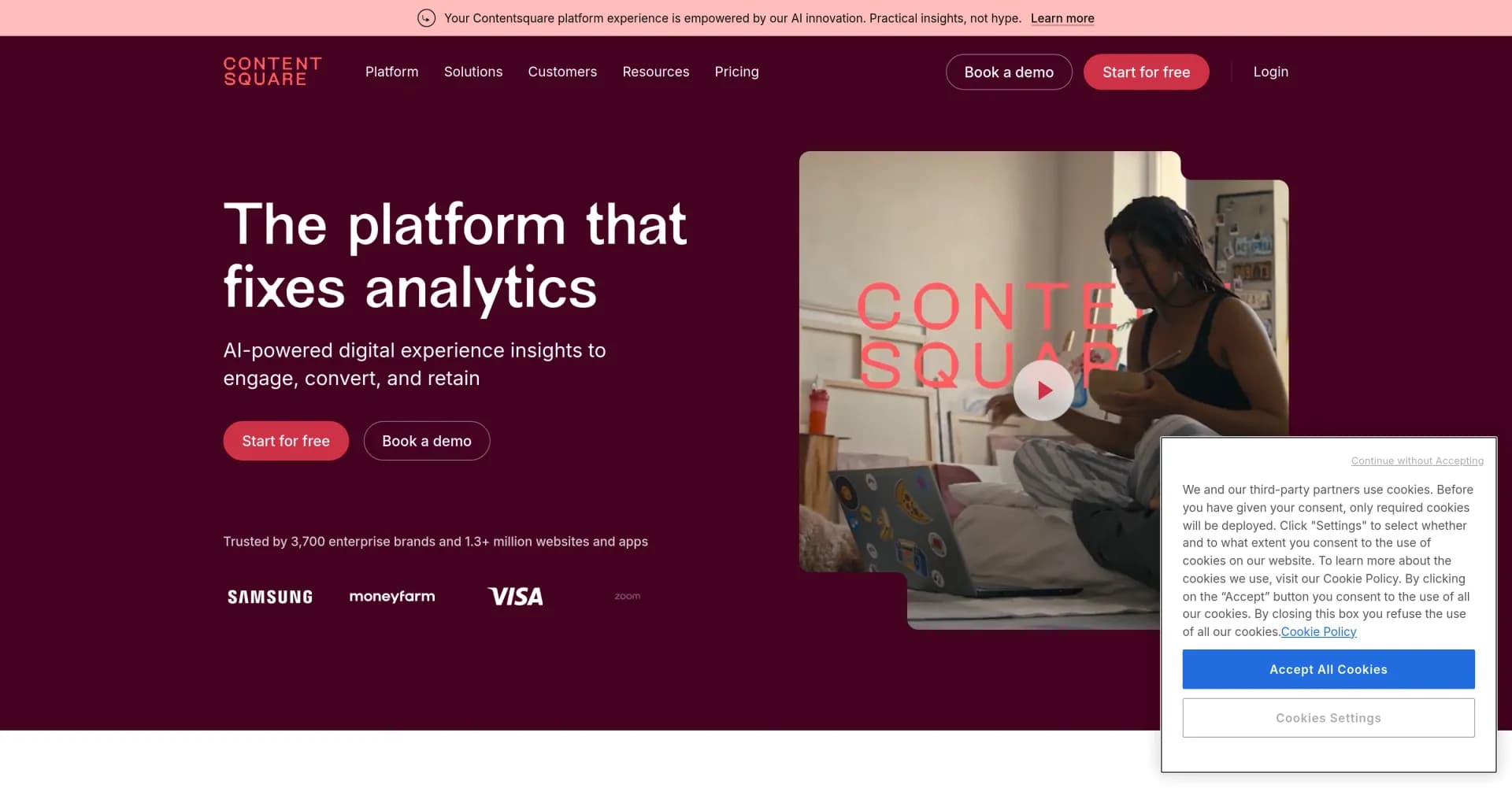 Contentsquare homepage screenshot — Unlock digital experience insights with AI-powered analytics