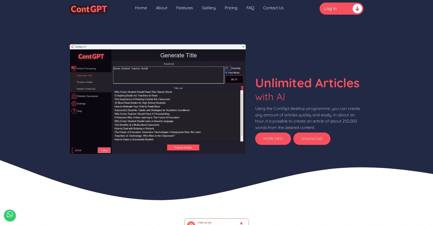 ContGPT homepage screenshot — Create unlimited AI-powered articles in minutes.