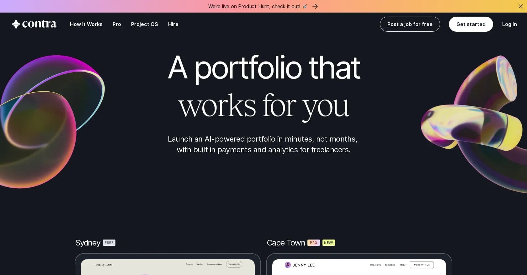 Contra homepage screenshot — Launch an AI-powered portfolio in minutes
