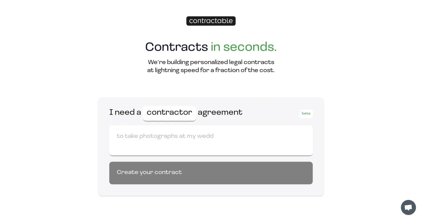 Contractable homepage screenshot — Contract creation for individuals and businesses