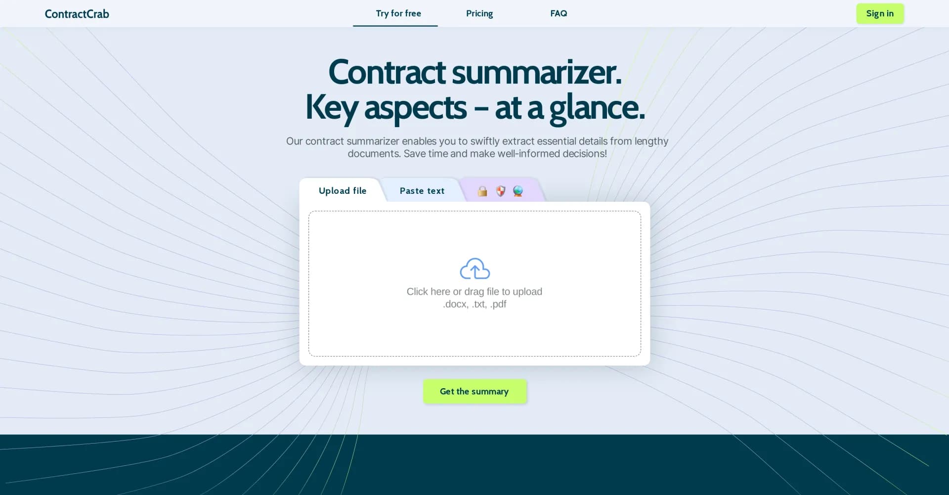 ContractCrab homepage screenshot — AI-powered contract summarizer for key insights at a glance.