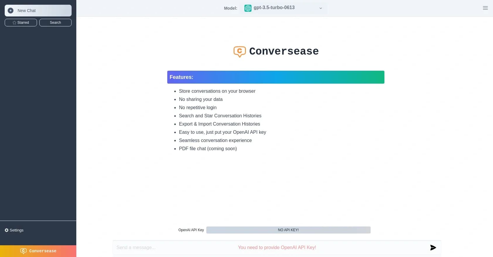 Conversease homepage screenshot — Unlock private ChatGPT-like chats with your API key