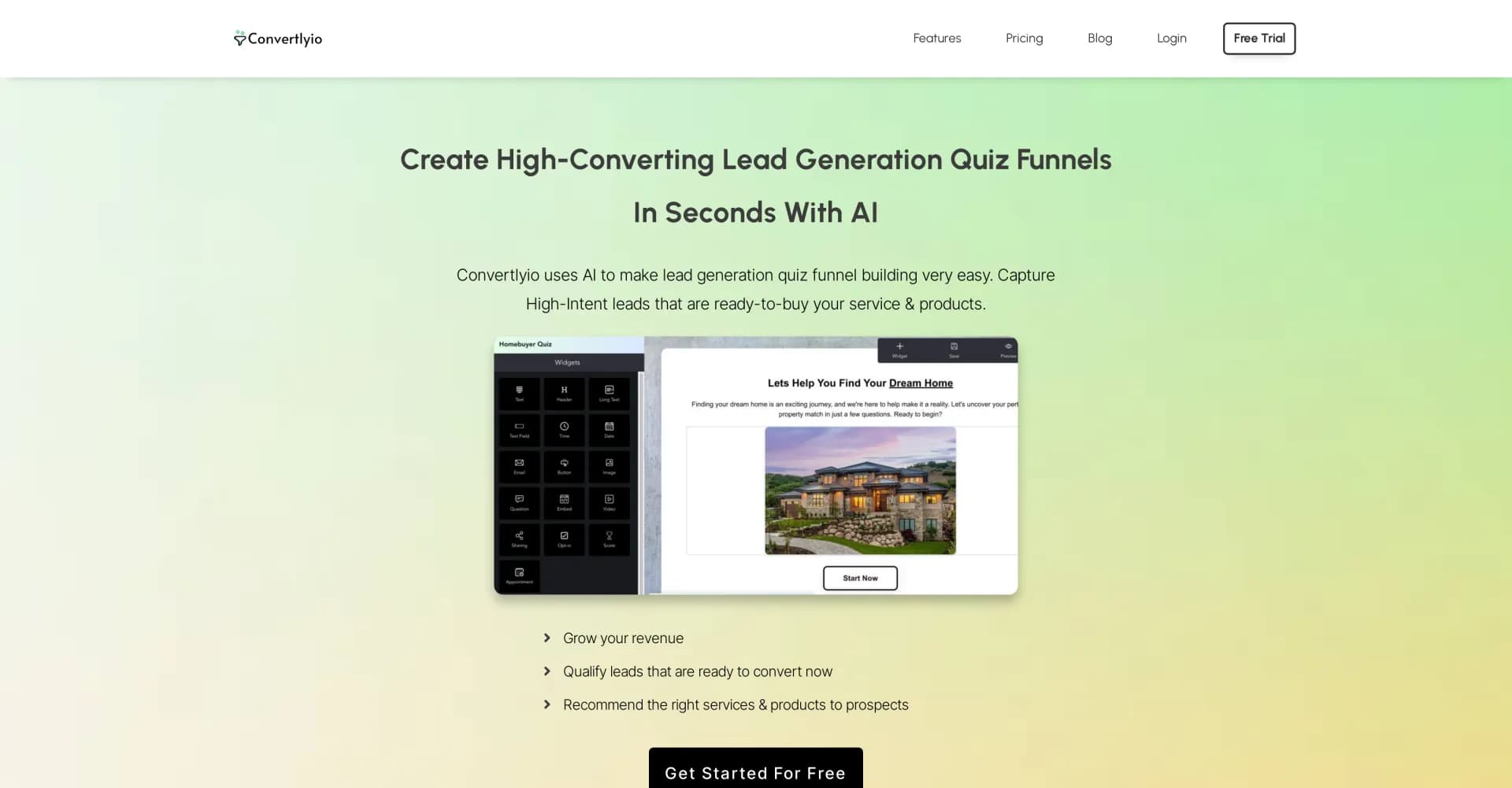 Convertlyio homepage screenshot — AI-powered quiz funnels for high-intent leads
