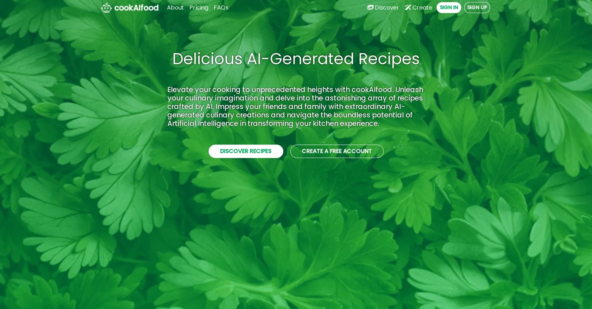 cookAIfood homepage screenshot — Elevate your cooking with AI-generated recipes.