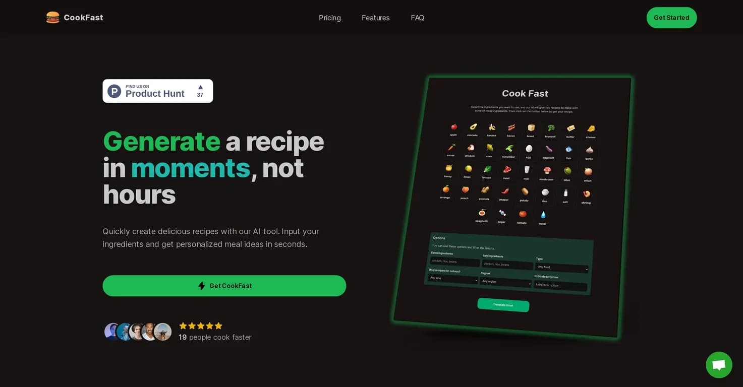 CookFast homepage screenshot — Generate recipes instantly from your ingredients.