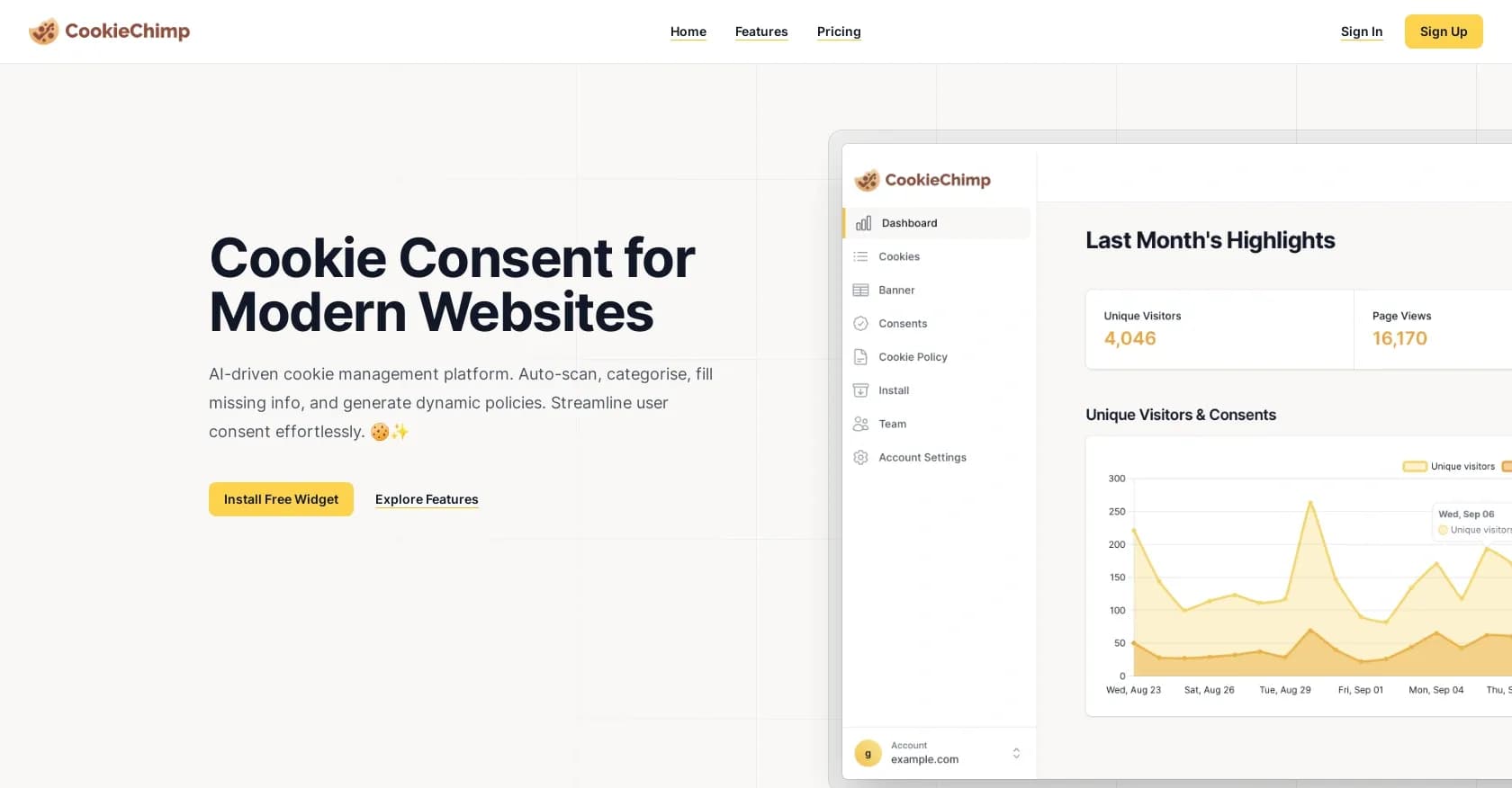 CookieChimp homepage screenshot — AI-driven cookie consent made simple.