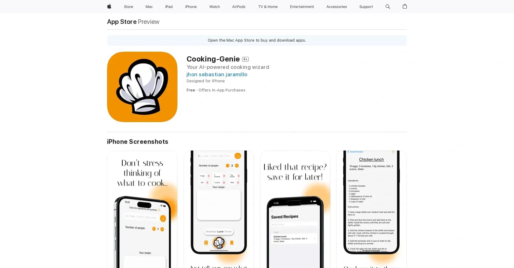 Cooking-Genie homepage screenshot — Recipe and ingredient management app.