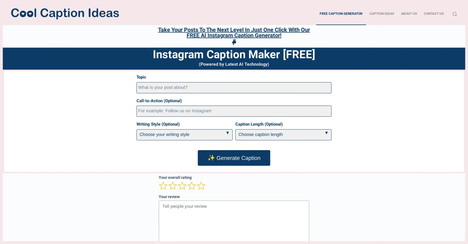Cool Caption Ideas homepage screenshot — Elevate your posts with AI-powered captions in one click.