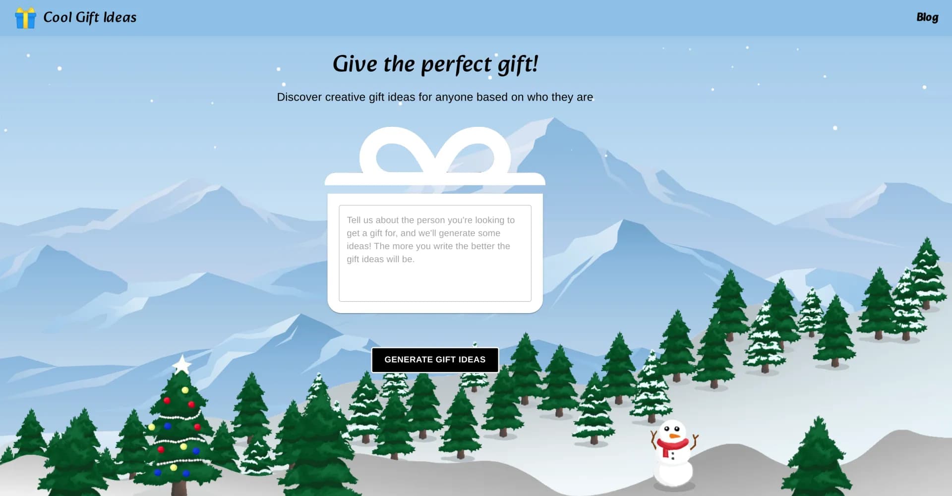 Cool Gift Ideas homepage screenshot — AI-powered gift suggestions for any occasion