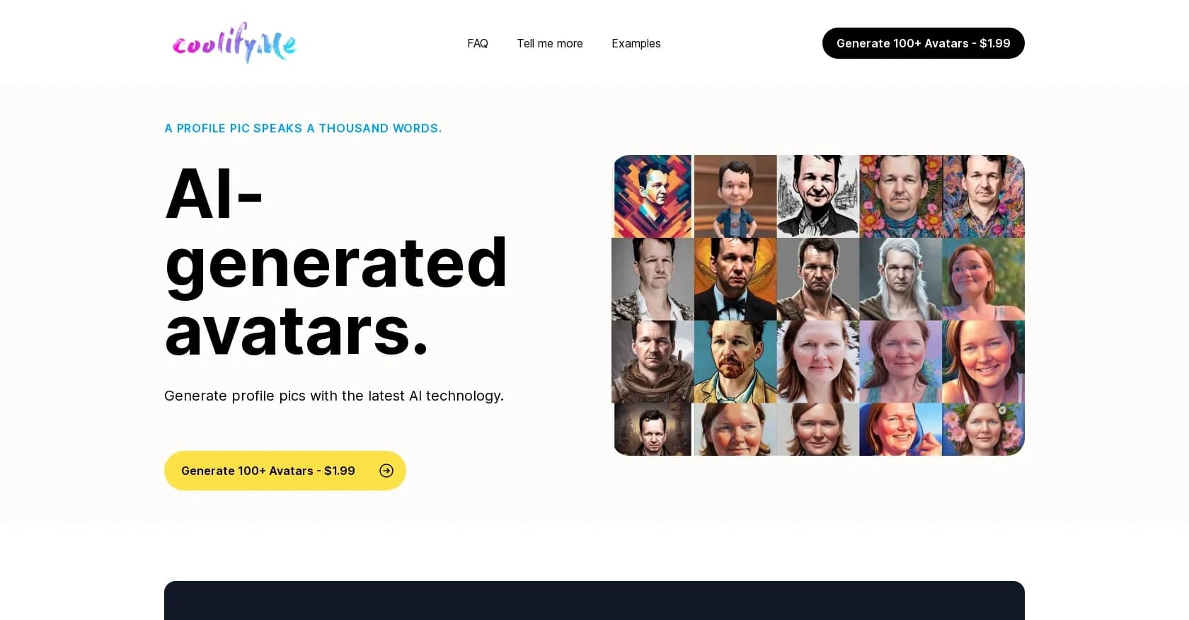 Coolifyme homepage screenshot — AI-generated avatars for unique profile pictures