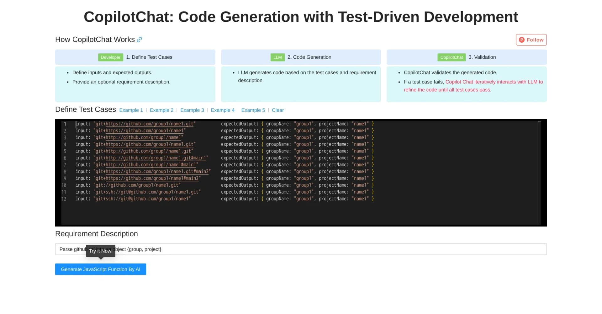 CopilotChat homepage screenshot — Generate code with AI-powered test-driven development