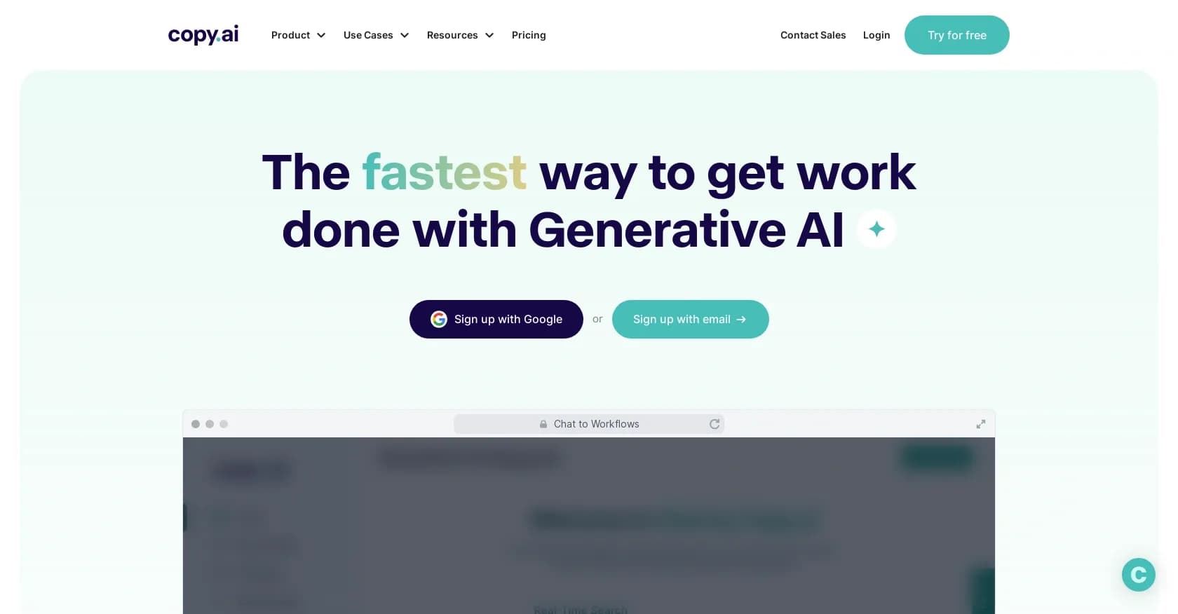 Copy.ai homepage screenshot — AI-powered copywriter for high-quality marketing content.