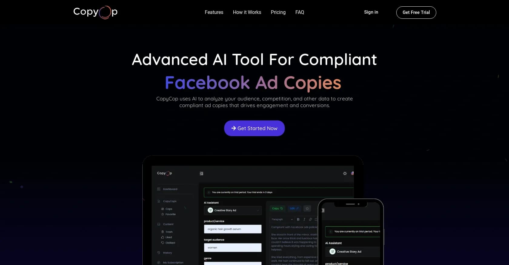 CopyCop homepage screenshot — AI-powered compliant Facebook ad copy generator