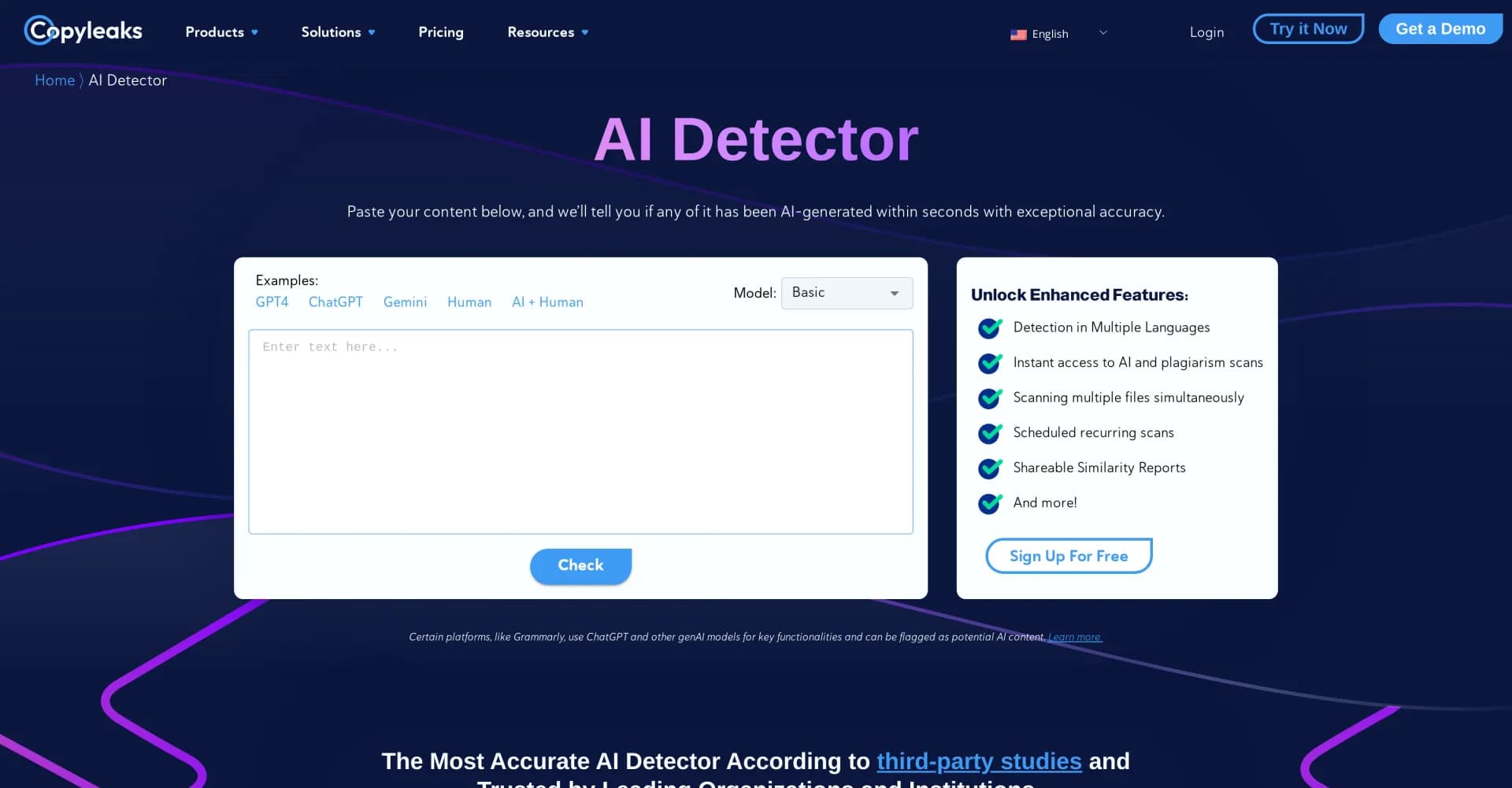 Copyleaks - AI content detector homepage screenshot — Detect AI-generated content in 30 languages