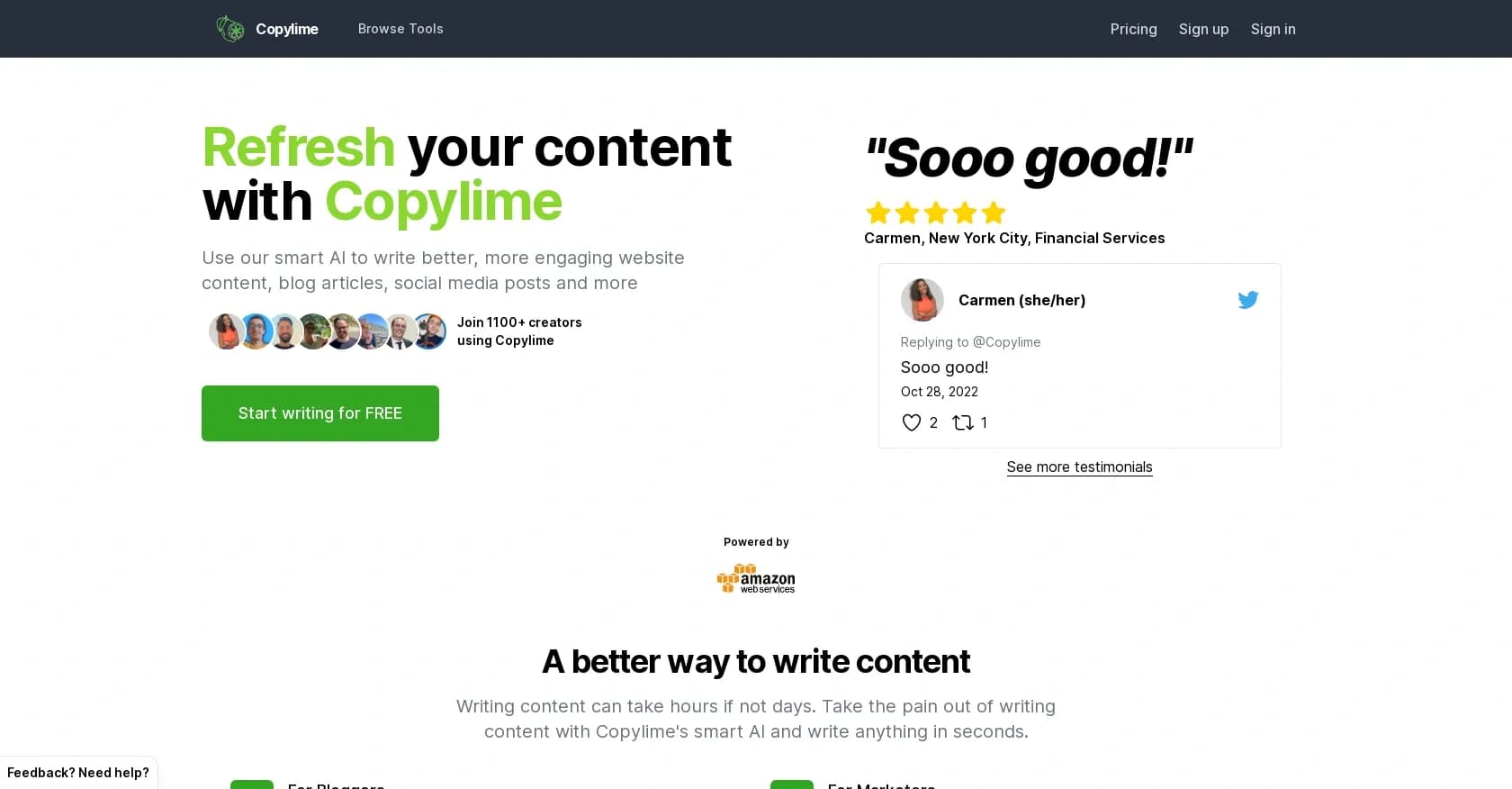 Copylime homepage screenshot — Smart AI for instant copywriting and content creation