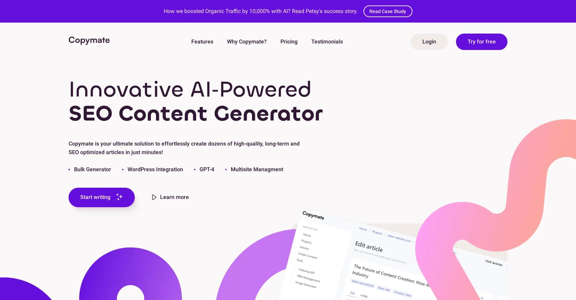 Copymate homepage screenshot — Create SEO-optimized articles effortlessly with AI.