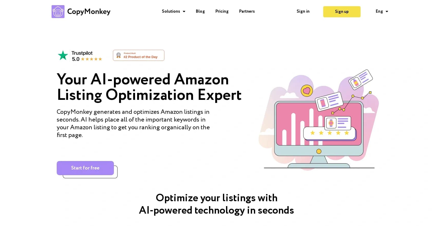 CopyMonkey homepage screenshot — AI-powered Amazon listings that sell.